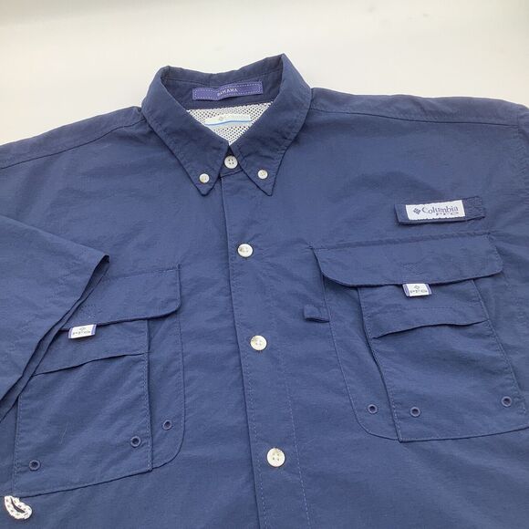 Columbia PFG Mens Bahama Omni Shade Short Sleeve Button Up Shirt Blue Size Large - Picture 1 of 11